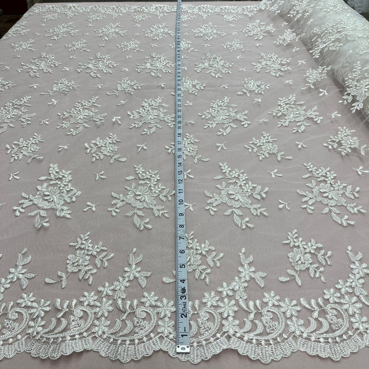 1 Yard Corded Bridal Lace Fabric Embroidered on Polyester Net Mesh 53 inch Width
